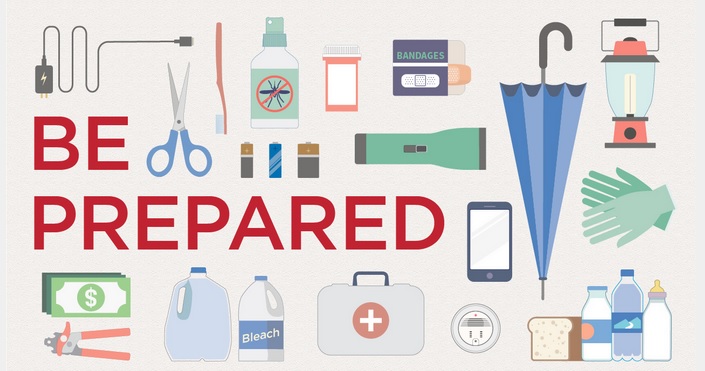 Words Be Prepared written amongst clip art of items you will need for a winter emergency